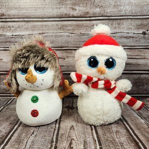 Lot of 2 TY BEANIE BOOS Snowman Buttons Scoops Plush Stuffed Animal NO TAGS EUC